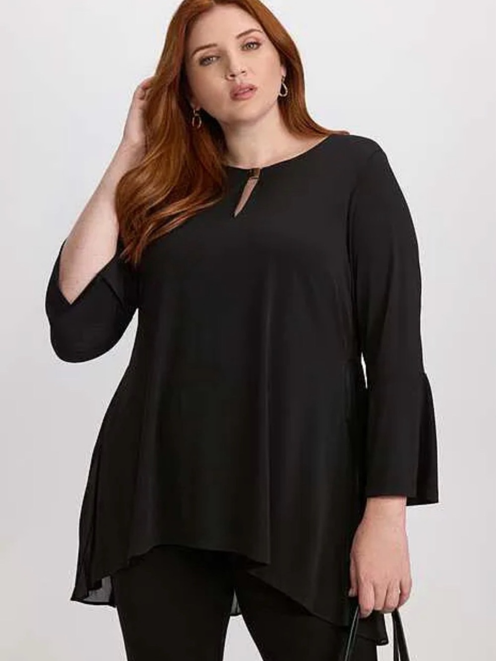 Laura Pleated Chiffon Detail Blouse Black Plus-Size Flowy Keyhole Tunic Top